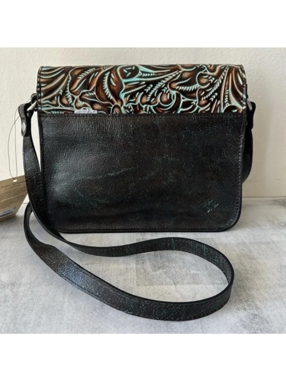 Patricia Nash IIina Turquoise Tooled Leather Floral Crossbody Bag - Picture 6 of 9